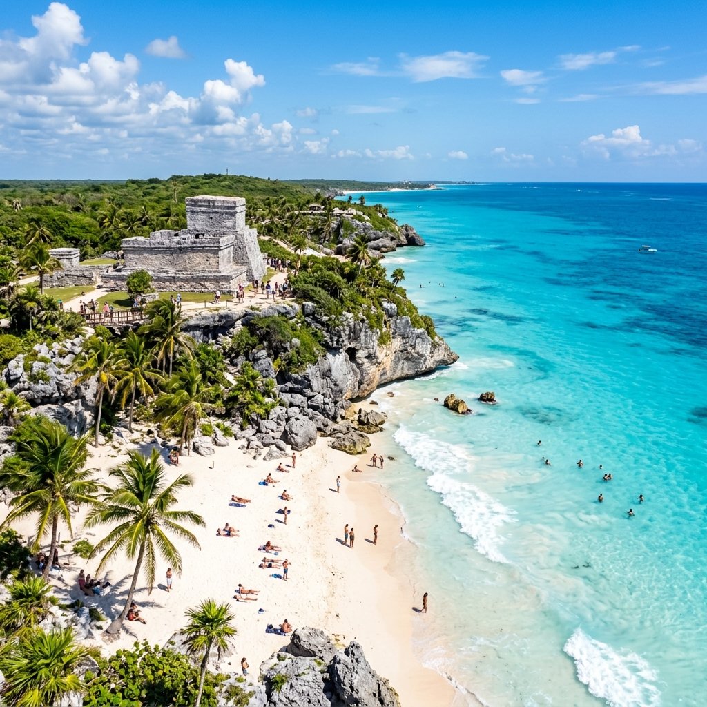 Ancient Maya ruins of Tulum on a cliff above the turquoise Caribbean Sea