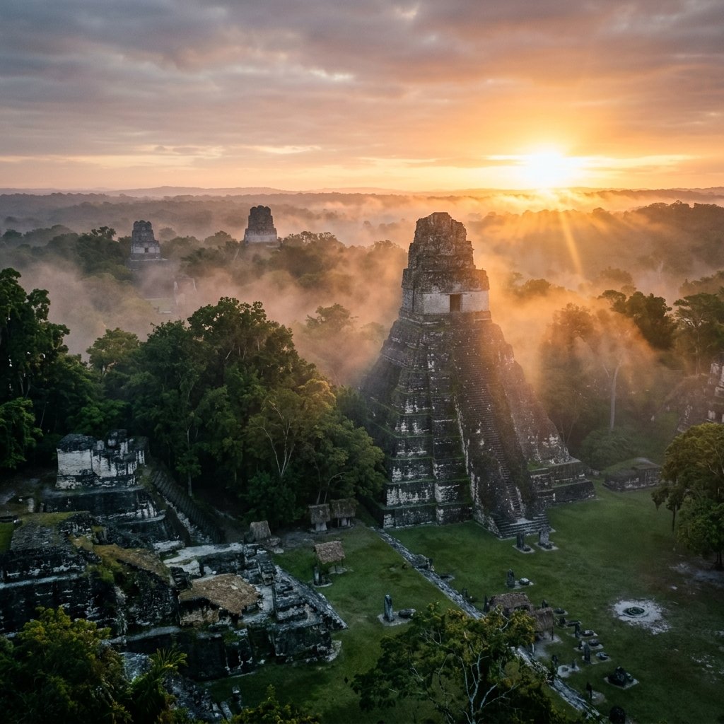 Dawn mist rising over ancient Maya temple ruins at first light, golden sun rays breaking through morning fog, lush jungle canopy surrounding the site