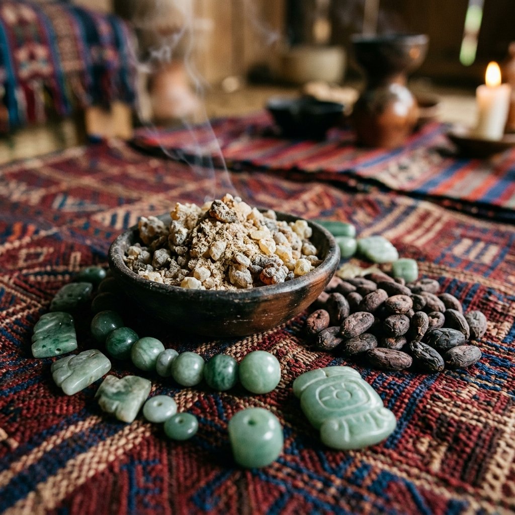 Traditional Maya ceremonial objects — copal incense, cacao beans, and jade stones arranged on a woven textile in warm ambient light