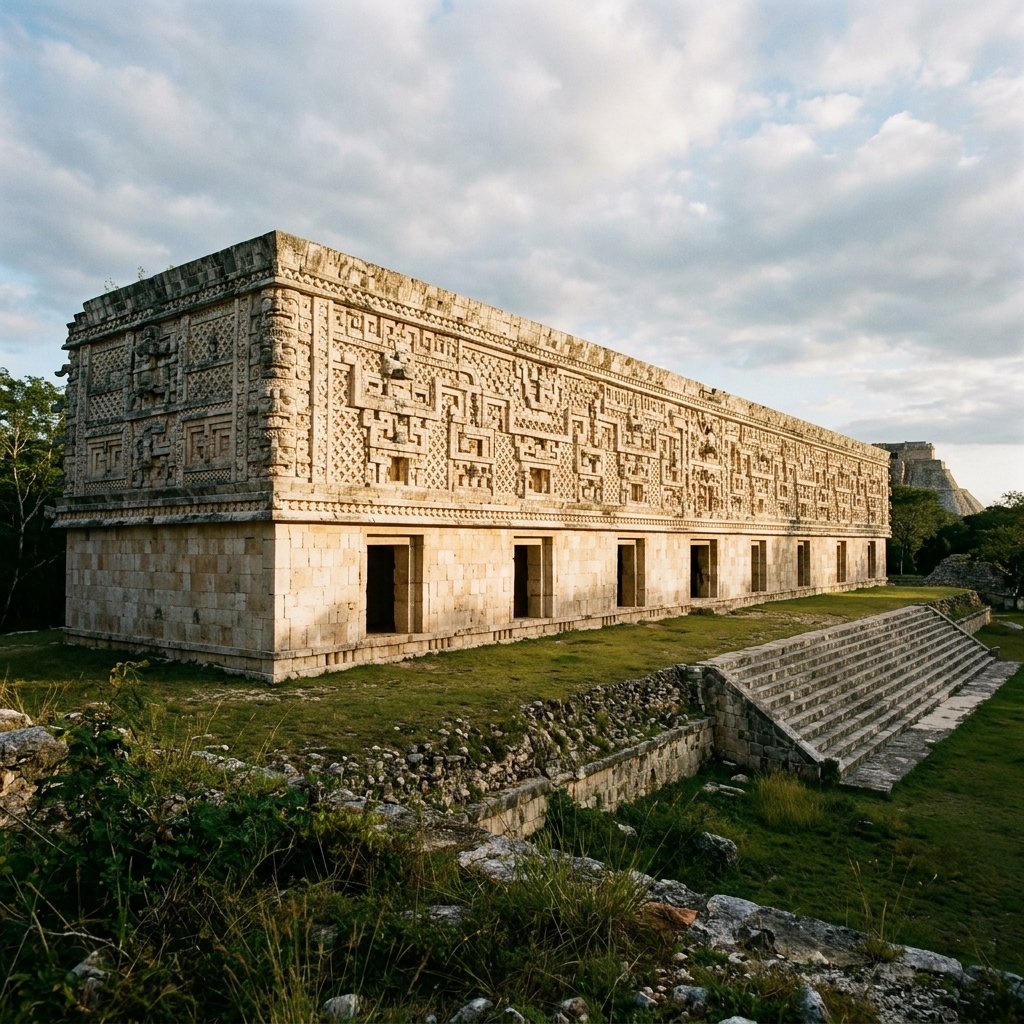 The Governor's Palace at Uxmal — a 98-meter-long building with 20,000 individually carved stone pieces forming an extraordinary mosaic facade