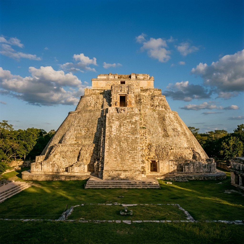 The Pyramid of the Magician at Uxmal — a unique oval-based pyramid rising 35 meters with dramatically rounded corners