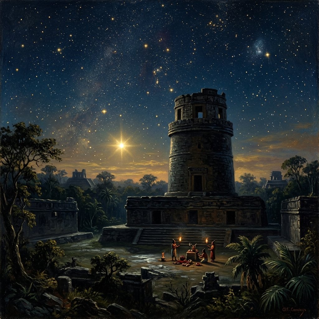 Ancient Maya observatory at night with Venus blazing as the Morning Star — romantic landscape painting