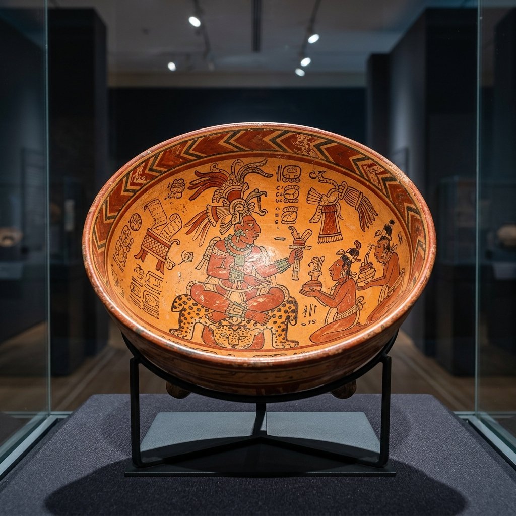 Maya ceramic bowl with painted deity scene