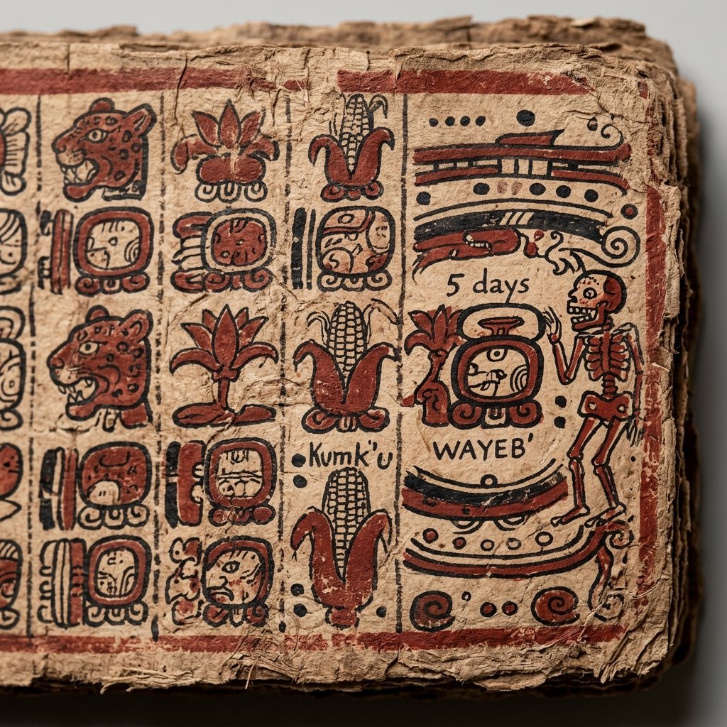 Close-up conservation macro photograph of a Maya codex bark paper page showing the final calendar months leading to the Wayeb glyph, rich red and black pigment on textured amate paper