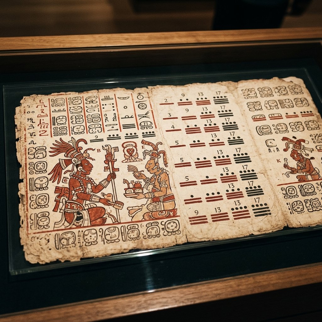Museum photograph of a page from the Dresden Codex showing painted Maya hieroglyphs, deity figures in red and black ink, and columns of bar-and-dot numbers on ancient bark paper