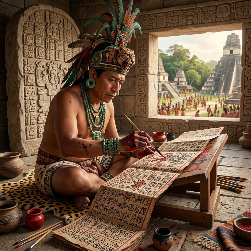 A Maya royal scribe painting intricate hieroglyphic text onto a bark-paper codex with a fine reed brush