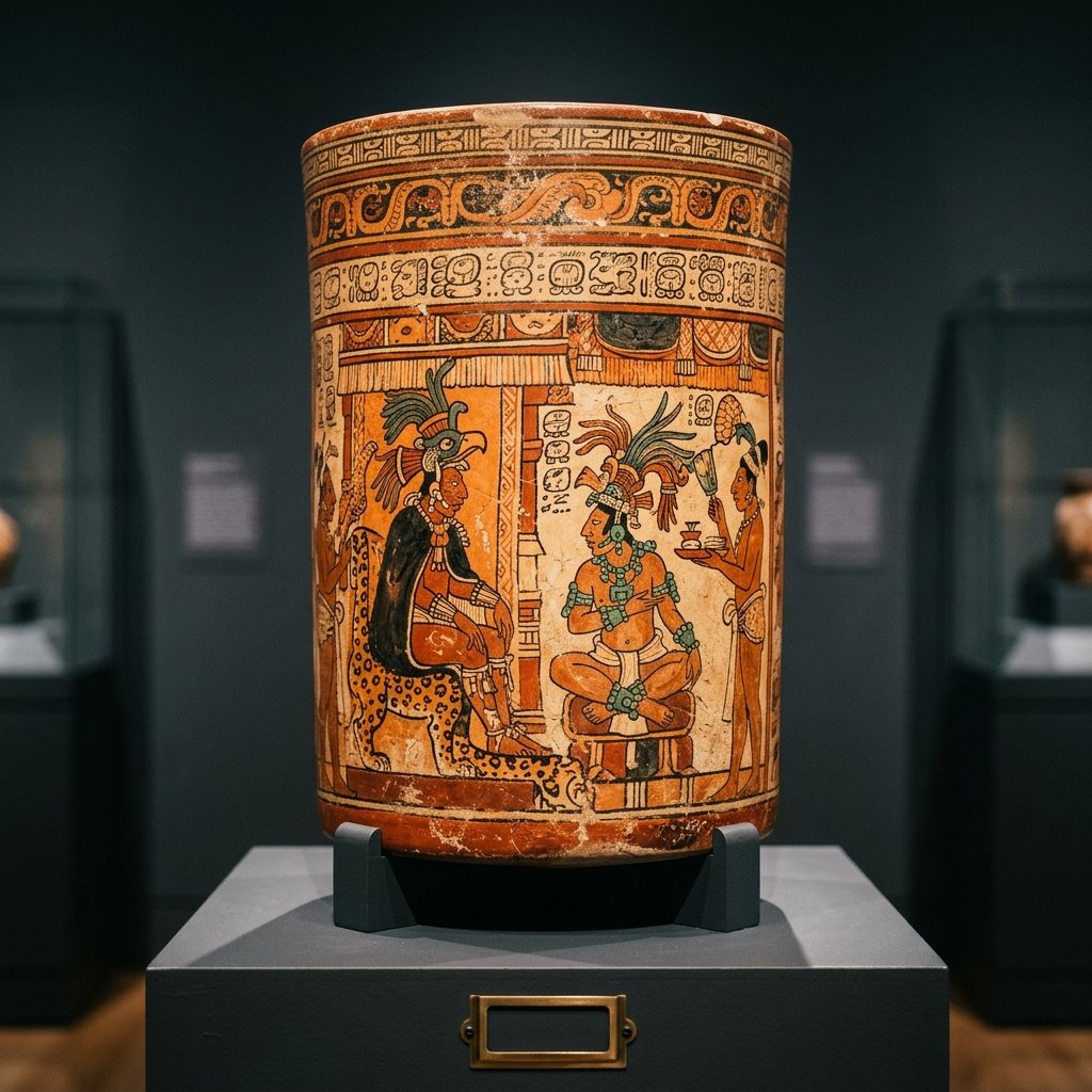 Beautifully painted Classic Maya polychrome ceramic vessel showing mythological scene with nobles in elaborate headdresses, hieroglyphic rim text, and vivid orange-black-red colors