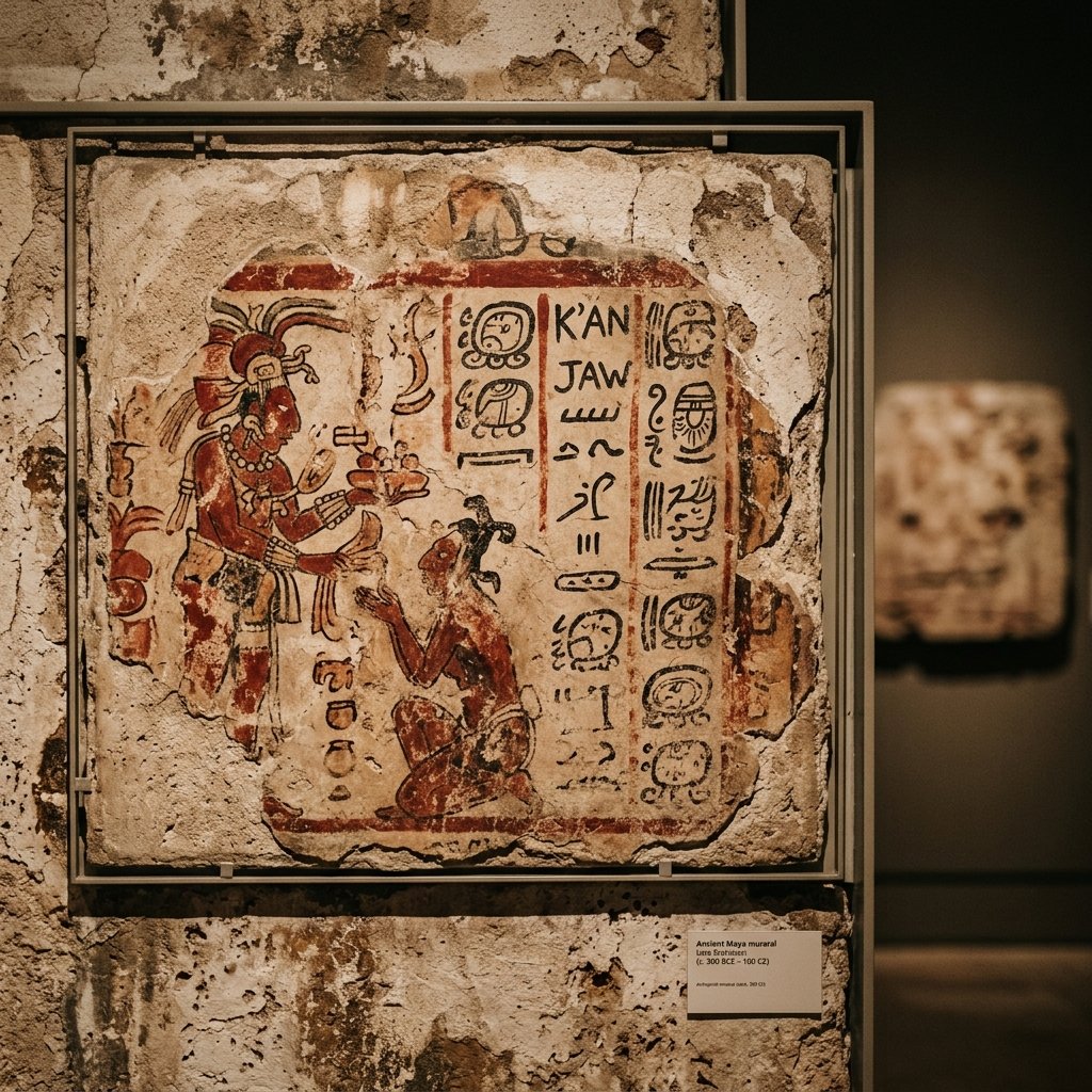 Ancient Maya mural fragment showing the earliest known painted text — faded red and black figures and hieroglyphic characters on plastered wall, Preclassic style