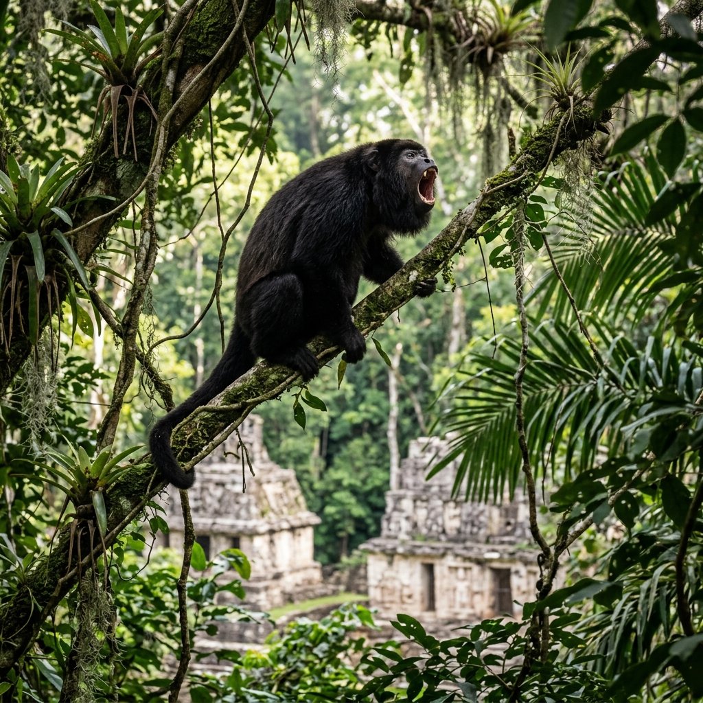 A black howler monkey roaring with its mouth wide open in the canopy above Yaxchilán