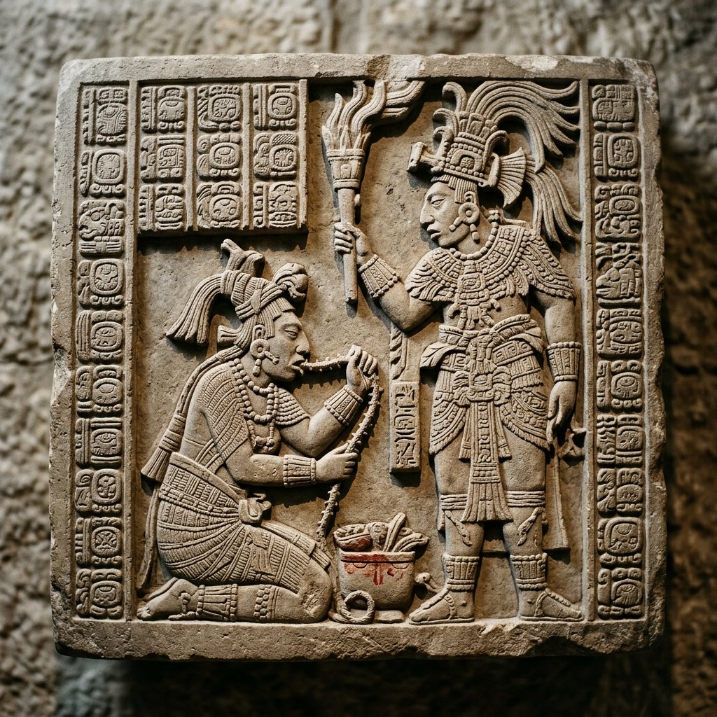 Close-up of Yaxchilán Lintel 24 showing Lady K'abal Xook kneeling and pulling a thorn-studded rope through her tongue
