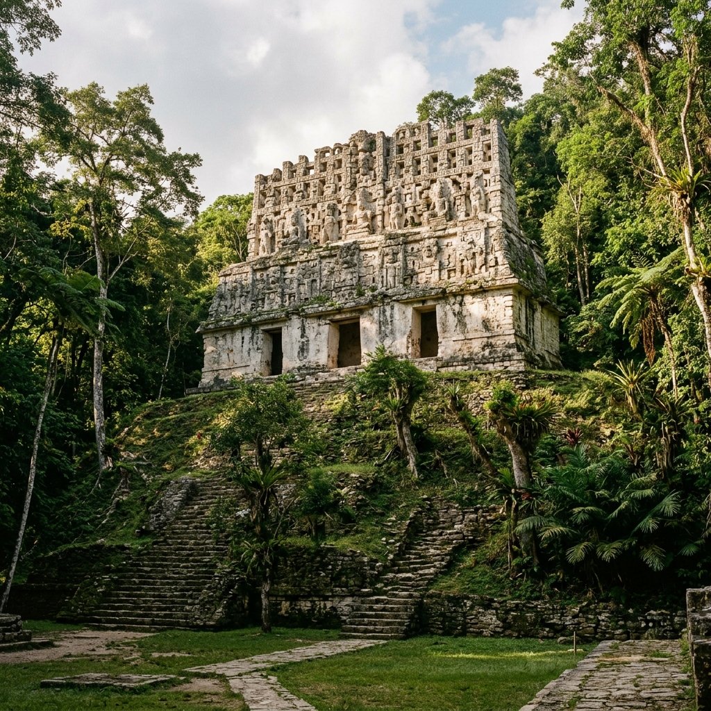 Structure 33 at Yaxchilán sitting atop a steep hill, crowned by a massive, elaborately carved stone roof comb