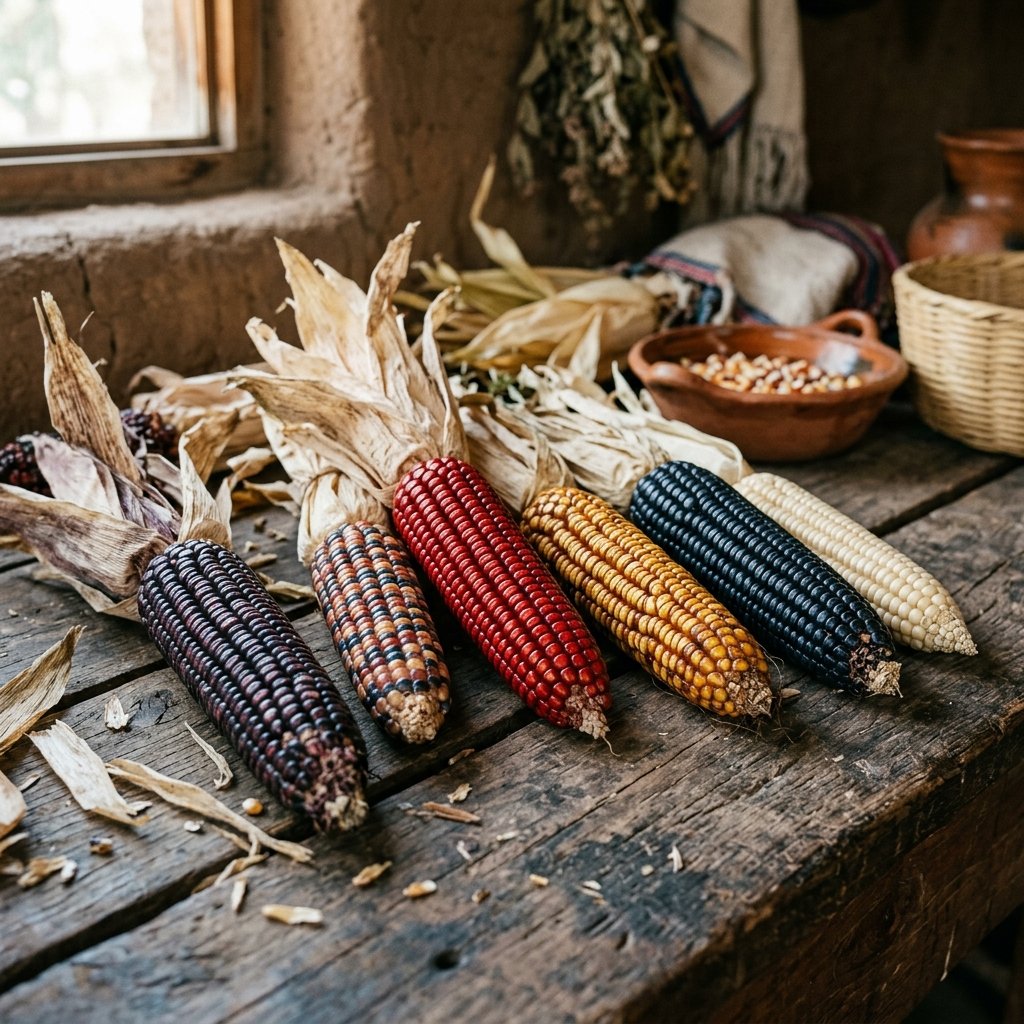 Several ears of heirloom Mesoamerican maize in diverse colors including deep purple, bright red, golden yellow, blue-black, and white, arranged on a rough wooden surface